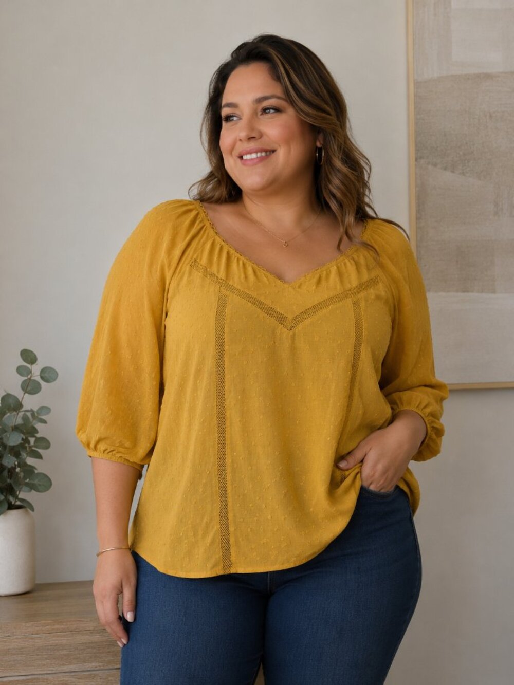 A.n.a Womens Amber Gold Peasant Blouse 2X Lightweight Cotton Blend